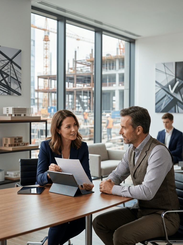 Deux professionnels discutant devant un chantier