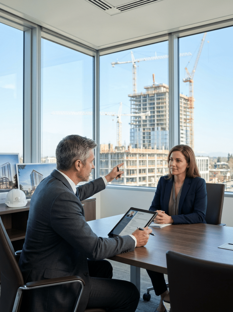 Professional interview in front of a construction site